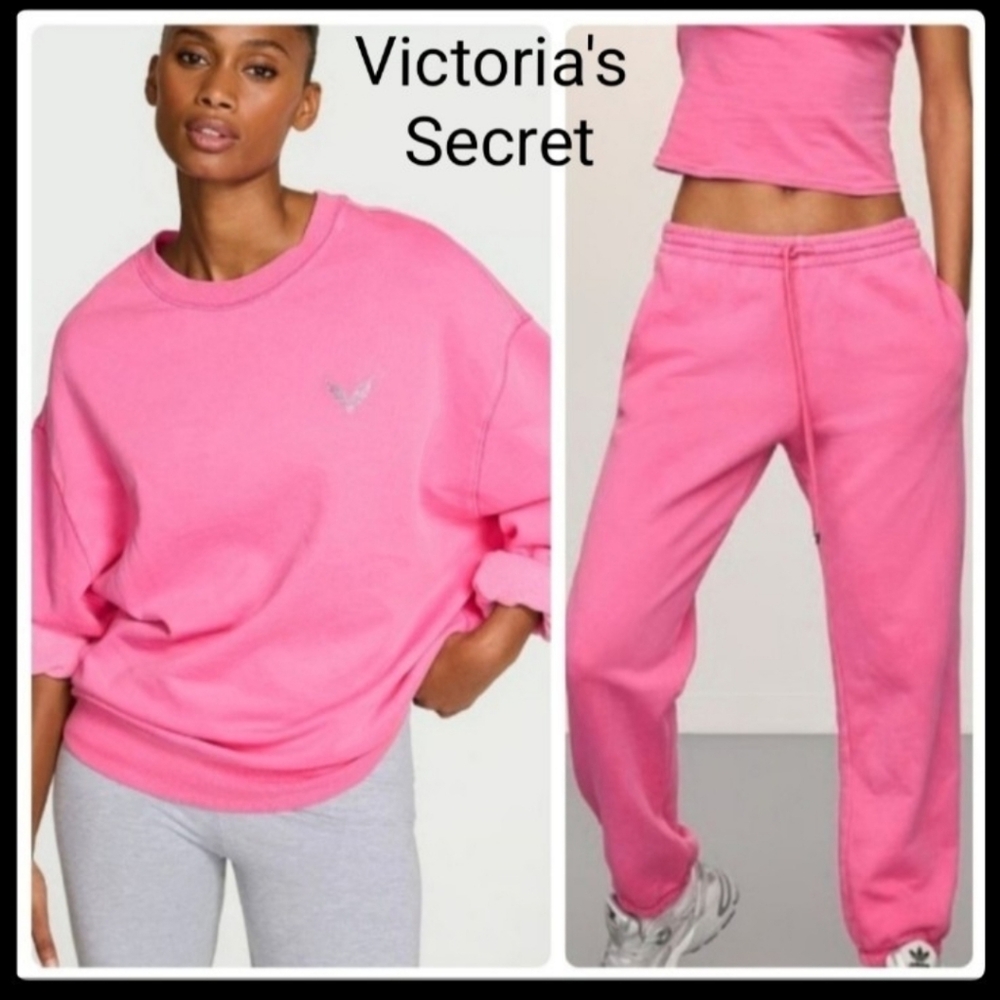 NEW 2 pc VICTORIA'S SECRET ANGELS FLEECE CREWNECK SWEATSHIRT & JOGGER SWEATPANTS